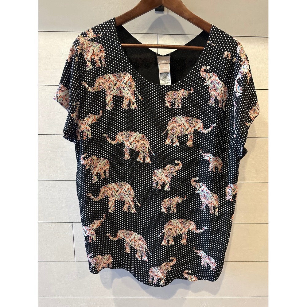 Chico's Elephant Paisley Polka Dot V-Neck Blouse Top Black Multi Size 3 XL 16/18